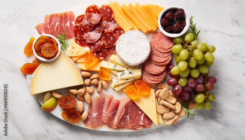 Charcuterie board of assorted cheeses, meats and appetizers. Top view on a white marble background