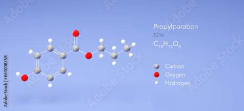 propylparaben molecule, molecular structures, food preservative e216, 3d model, Structural Chemical Formula and Atoms with Color Coding photo