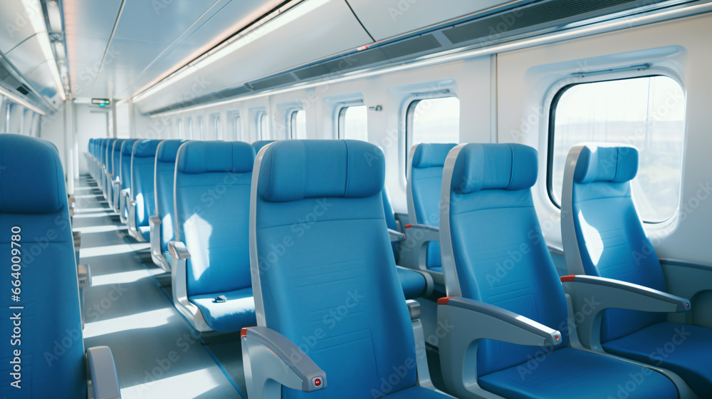 Fototapeta premium Inside a high-speed train compartment in Europe, with vacant seats..