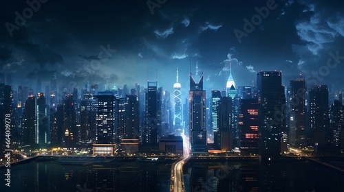 A Beautiful Nighttime Cityscape with Illuminated Skyscrapers