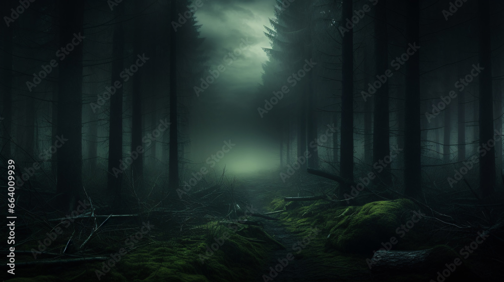 An enigmatic, foggy, and dimly-lit woodlandscape exuding a mysterious aura.