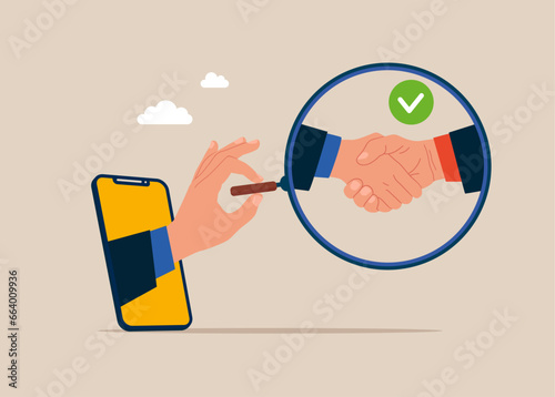 Hand stepping out of the mobile phone screen holding magnifying glass zoom in shake hands and agree to do business. Vector illustration