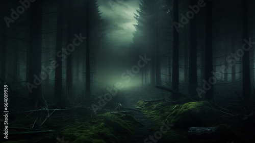 An enigmatic  foggy  and dimly-lit woodlandscape exuding a mysterious aura.