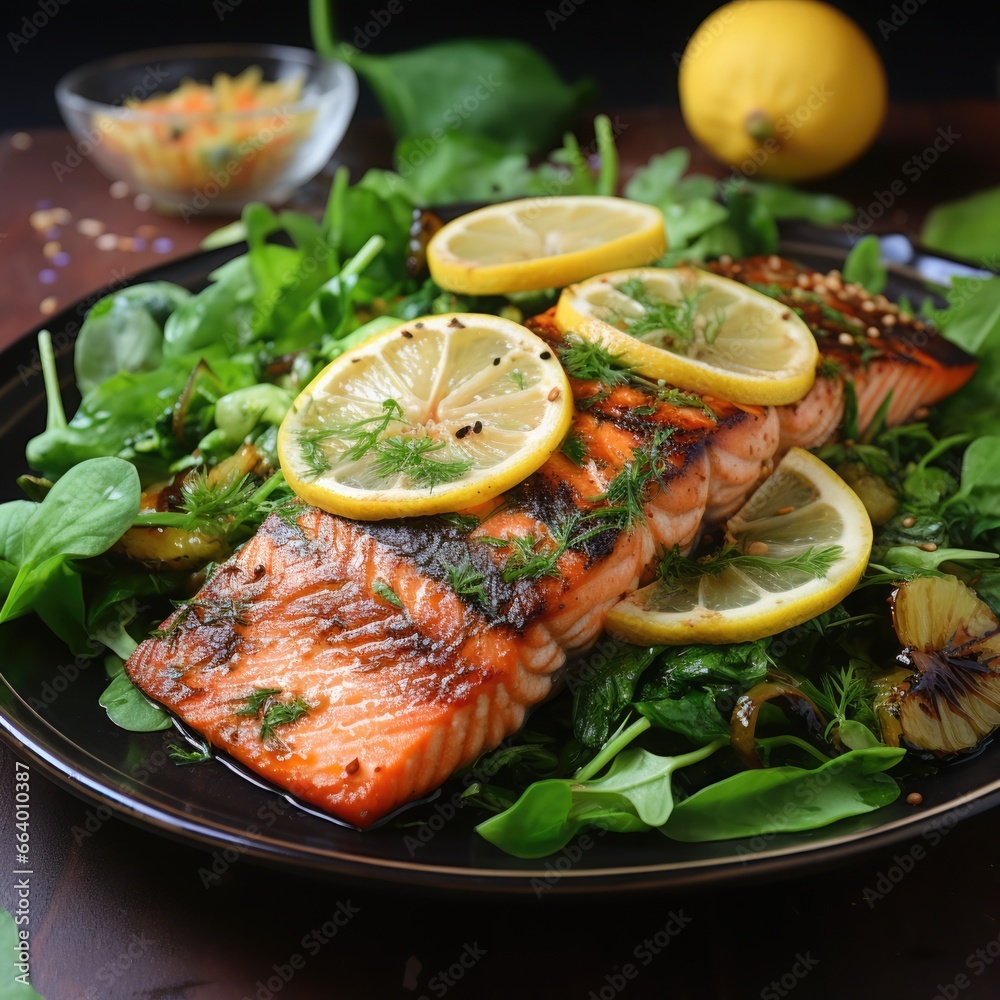 Light summer lunch: grilled salmon with greens and lemon. Mediterranean cuisine diet Light summer lunch: grilled salmon with greens and lemon. Mediterranean cuisine diet