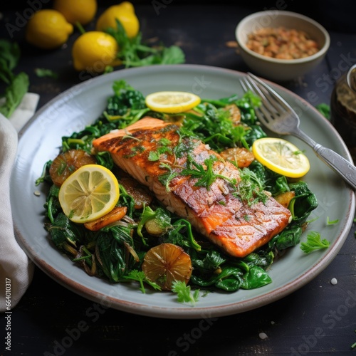 Light summer lunch: grilled salmon with greens and lemon. Mediterranean cuisine diet