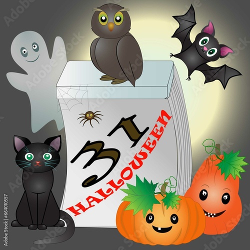 Halloween holiday, set, cat, bat, ghost, spider, calendar, pumpkins, owl