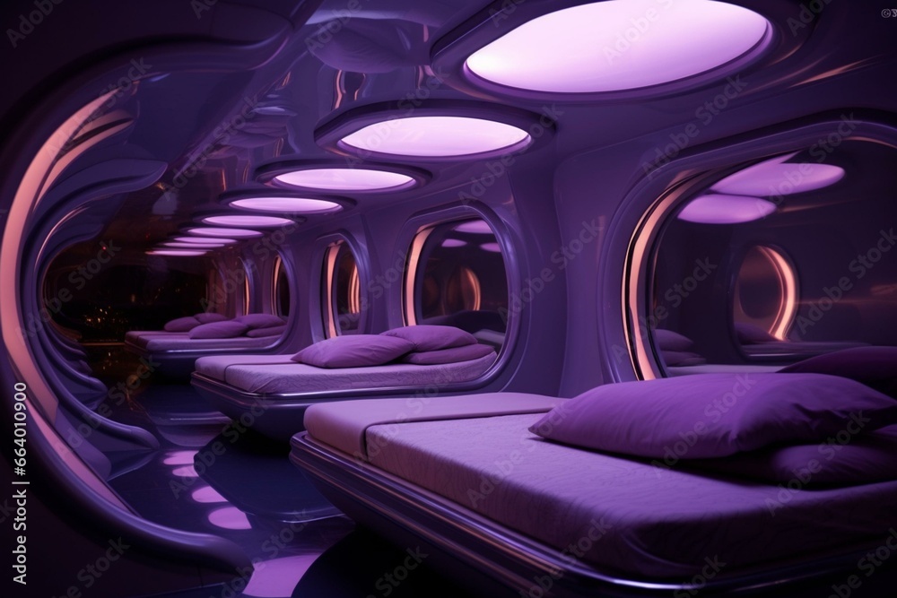 Contemporary violet futurism sleeping quarters. Generative AI