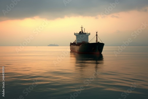 A solitary cargo vessel at sea. Generative AI © Maeve