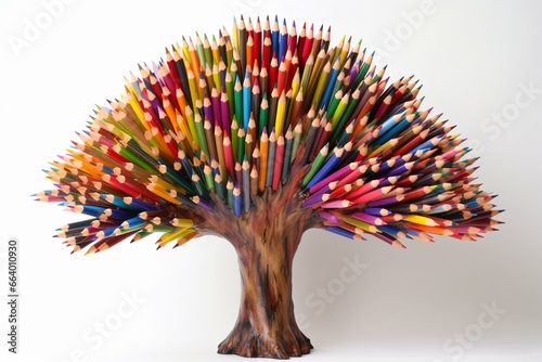 A tree adorned with vibrant wooden crayons  illustrating the essence of painting and education. Set against a plain white background. Generative AI