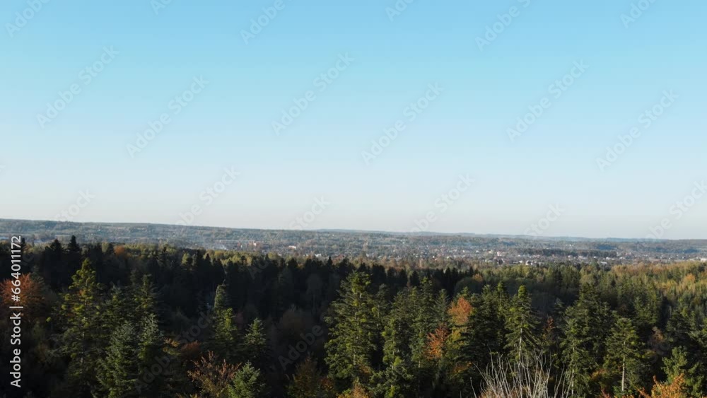 Grand autumn woods scenery and amazing sky at evening time of motion journey copter. Big woods in great countryside nature at calm fall sunny day. Aerial view of forest landscape. Concept wildlife Grand autumn woods scenery and amazing sky at evening time of motion journey copter. Big woods in great countryside nature at calm fall sunny day. Aerial view of forest landscape. Concept wildlife