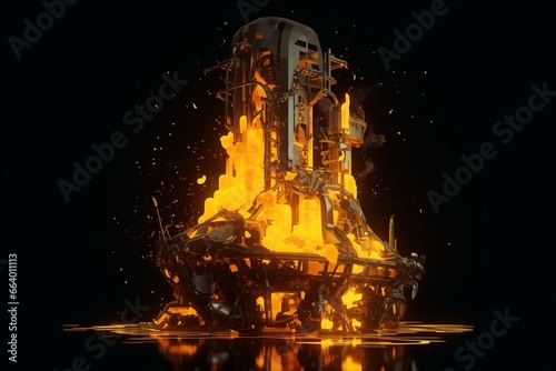 An imposing object emitting fire on its sides against a dark backdrop, with a vibrant yellow light. Rendered in 3D deconstructivist art style. Generative AI