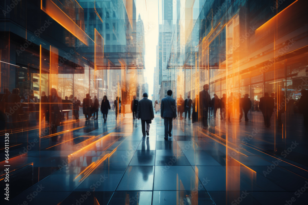 Businesspeople walking on a blurry street