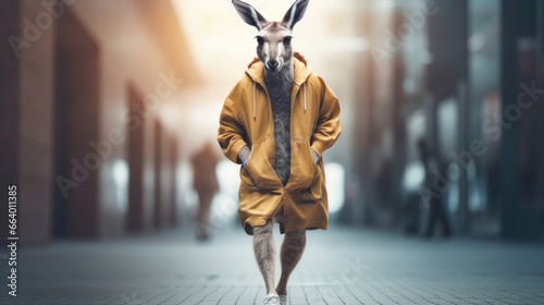 Kangaroo Walking on a sidewalk in costume, in the style of hip hop aesthetics