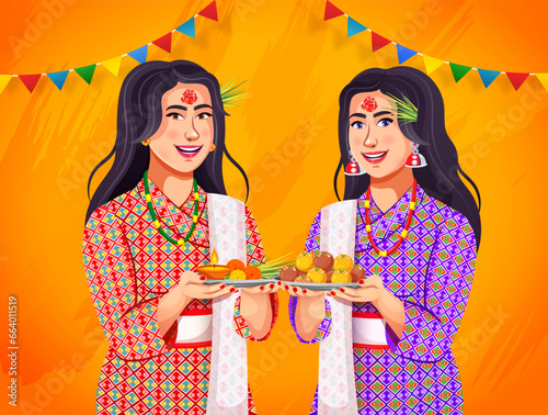 illustration of smiling Nepali people celebrating Vijayadashami festival in Nepal