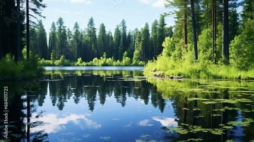 A serene and reflective lake mirroring a dense forest in a picturesque landscape.