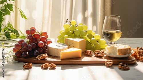 Minimalist table setup with an assortment of cheeses, walnuts, and grapes, high key, sunlight