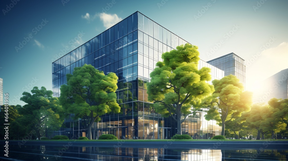 A modern, Eco-friendly glass office building with trees to reduce heat and CO2, creating a pleasant green environment.