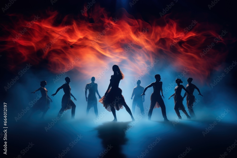 Dynamic dance studio scene with passionate dancers in motion and dramatic lighting.