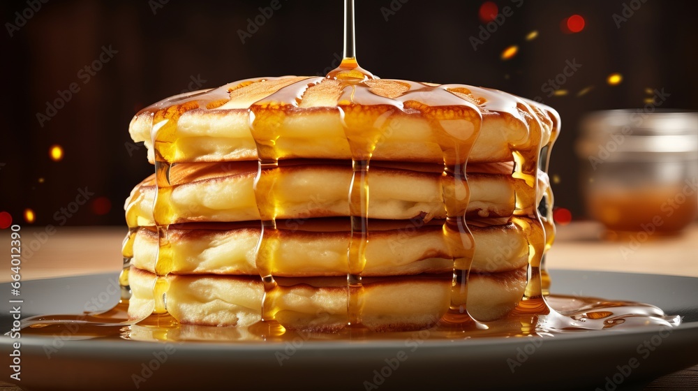 A Stack of Fluffy Pancakes with Syrup Dripping Down the Plate