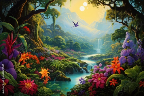 Lush rainforest landscape with vibrant flora and fauna.