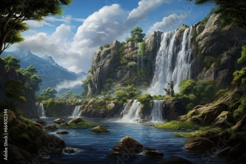 Majestic waterfall cascading from a mountain cliff into a serene pond.