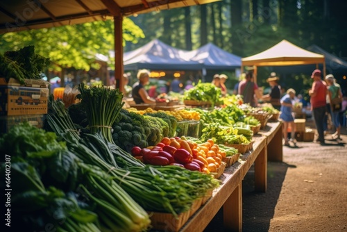 Bustling farmers market with fresh organic produce on display.