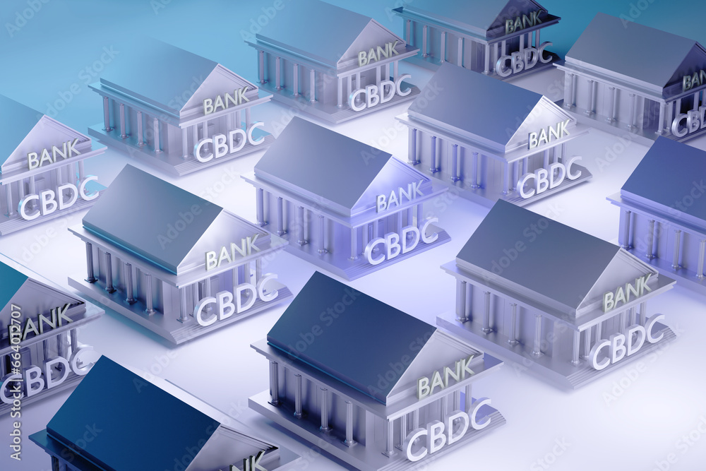 Banks issuing CBDC. Blockchain integration into economy. Bank building with CBDC logo. Electronic crypto money. Digital currency of central banks. Investments in CBDC. Crypto finance. 3d image Banks issuing CBDC. Blockchain integration into economy. Bank building with CBDC logo. Electronic crypto money. Digital currency of central banks. Investments in CBDC. Crypto finance. 3d image