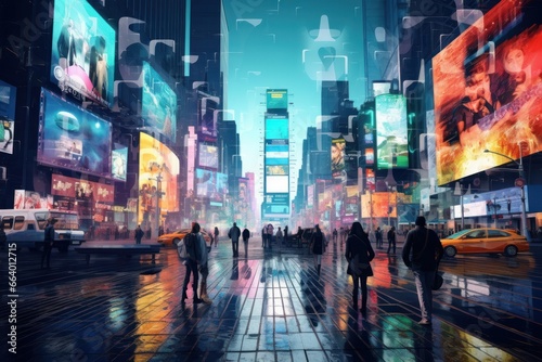 Vibrant bustling city street with holographic advertisements and pedestrians.
