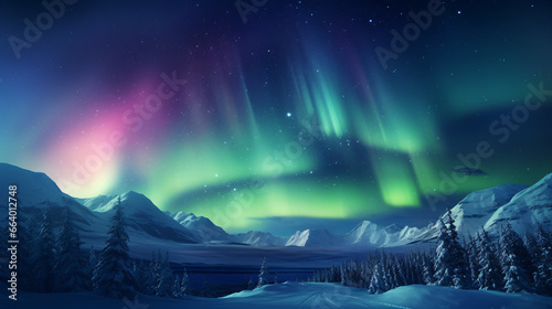 Spectacular Aurora illuminates the wintery mountainscape, aglow with starlight.