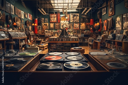 Nostalgic vinyl record shop with vintage albums, turntables, and headphones. photo