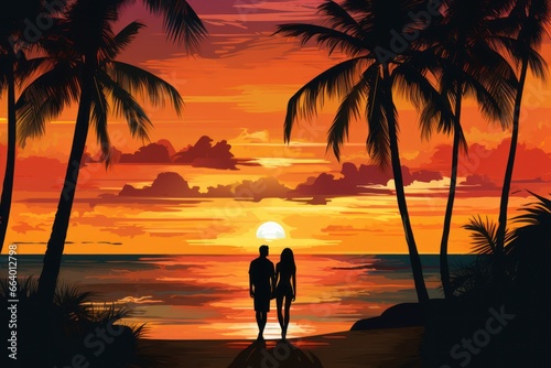 Romantic beach sunset with couple silhouette and tropical palm trees.