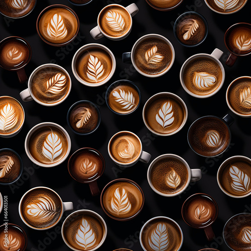 Fondo con detalle y textura de multiples tazas de cafe con decoración y fondo de color negro