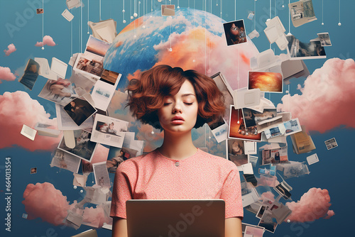 collage illustration of a woman overwhelmed by virtual connections and or over working online