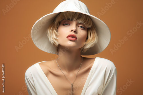 close up portrait of a girl with a white hat posing on camera, light quiet colors