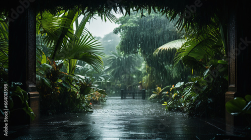 During monsoon season, tropical rain drenches abundant gardens with palm trees. photo