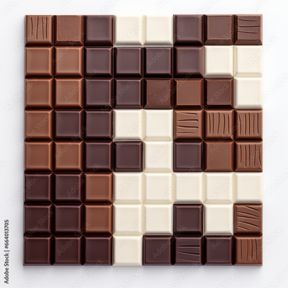 Fototapeta premium Fondo con detalle y textura de multitud de piezas de chocolate con diferentes tonos, sobre fondo de color blanco