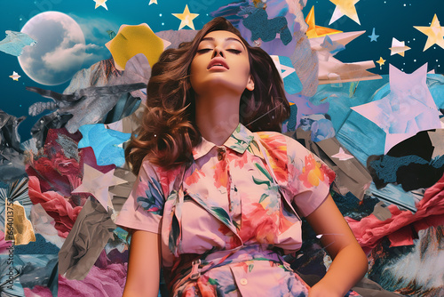 surreal portrait collage of a caucasian  brunette woman overwhelmed by thoughts and or sleeping, bright colorful messy background photo