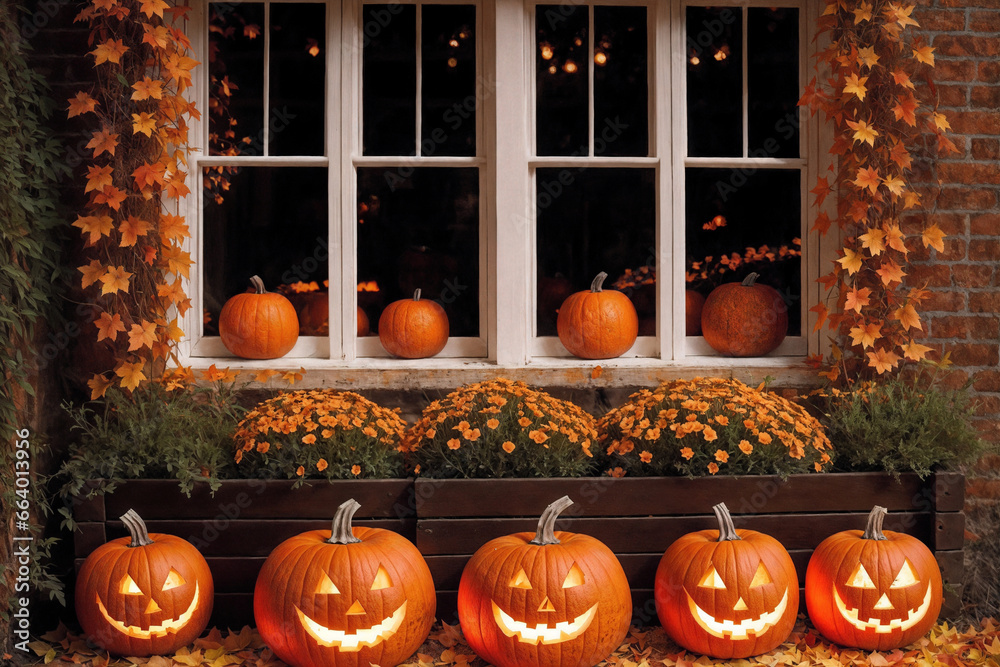 Obraz premium exterior of the old wooden house is decorated with harvest of pumpkins and leaves for halloween holiday, window and wall, autumn nature as background