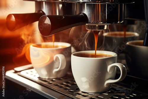 Close-up of a catering coffee maker making two coffees in white cups, with warm light on the left and steam rising from the cups.