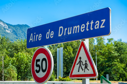 Drumettaz, France - July 31, 2023: Service area Aire de Drumettaz along the A41 in France photo