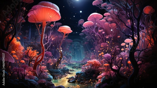A mesmerizing digital forest teeming with vibrant pink mushrooms, where an otherworldly reef of coelenterates and invertebrates coexist in a dreamy aquarium filled with ethereal jellyfish