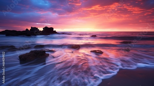 A stunning and vivid sunset with vibrant colors over a serene ocean in high definition 8k quality