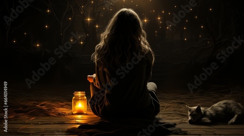 Amidst the darkness of the night, a woman sits on the cold ground, her only source of light a flickering candle, as she contemplates the wild and fluid nature of life outdoors