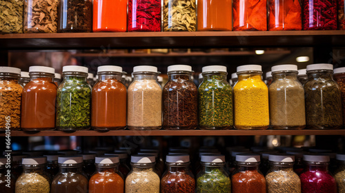 An intimate shot displays the vivid tints and textures of various spices in aged glass containers at a spice bazaar.