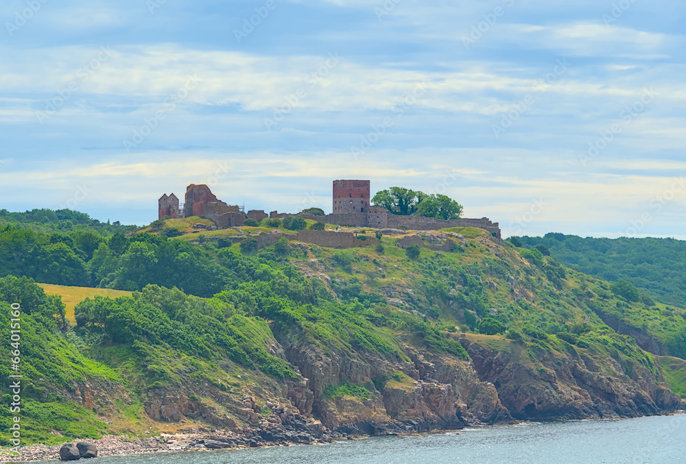 the view from distance to the  ruin of the ancient castle Hammershus in the north of Bornholm, Denmark