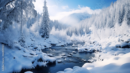 A frigid alpine stream meanders through a blanketed terrain. © ckybe
