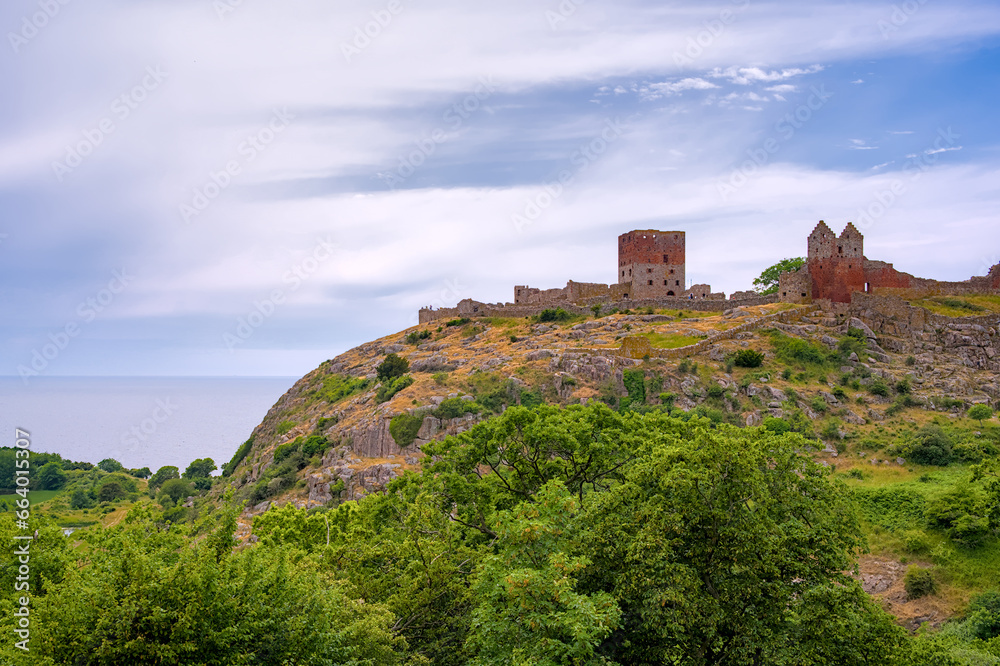 the view from distance to the  ruin of the ancient castle Hammershus in the north of Bornholm, Denmark