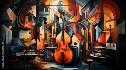 The melodic harmony of strings fills the vibrant room  as the grand cello stands alongside a colorful wall adorned with musical art  while a guitar  mandolin  and viol rest in the background