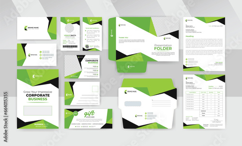 Black and green Business Stationery set template for company identity, business card, id card, envelope, letterhead, invoice, presentation folder photo