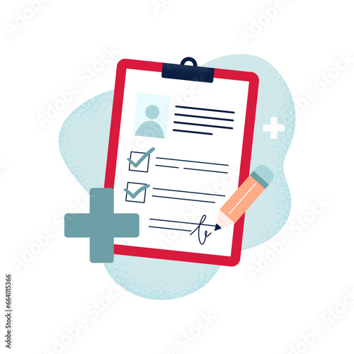 Blood donation agreement, identification of the donor. Charity, saving life. Health care concept. Vector flat illustration isolated on a white background.